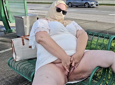 Jamdown26 - Mature hijab Milf masturbating with big dildo publicly outdoor at bus stop with cars passing by